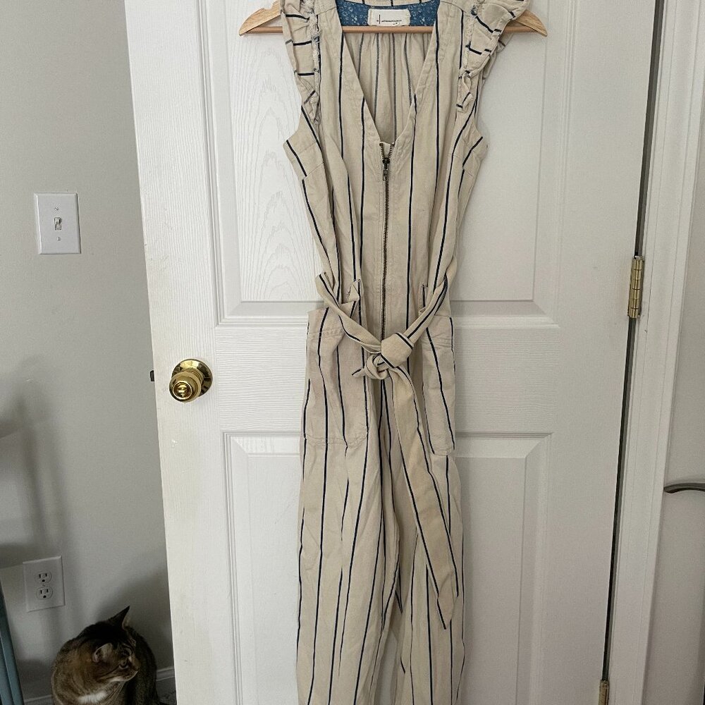 Anthropologie Denim Belted Jumpsuit Striped Cream Blue Size 2